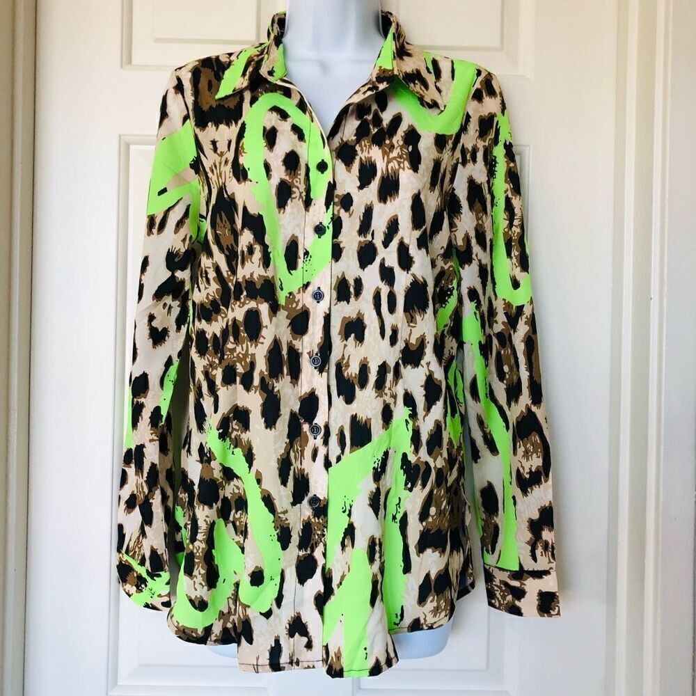 NWOT AZI New York Animal Print and Neon Green Collared Button Down Blouse
